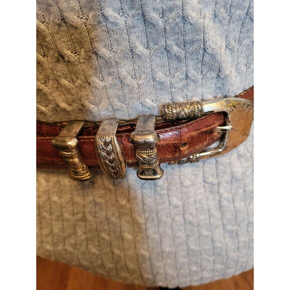 Emnon Belt Italian Calfskin Leather Croc Embossed Brown Belt Silver Hardware M - Picture 3 of 10